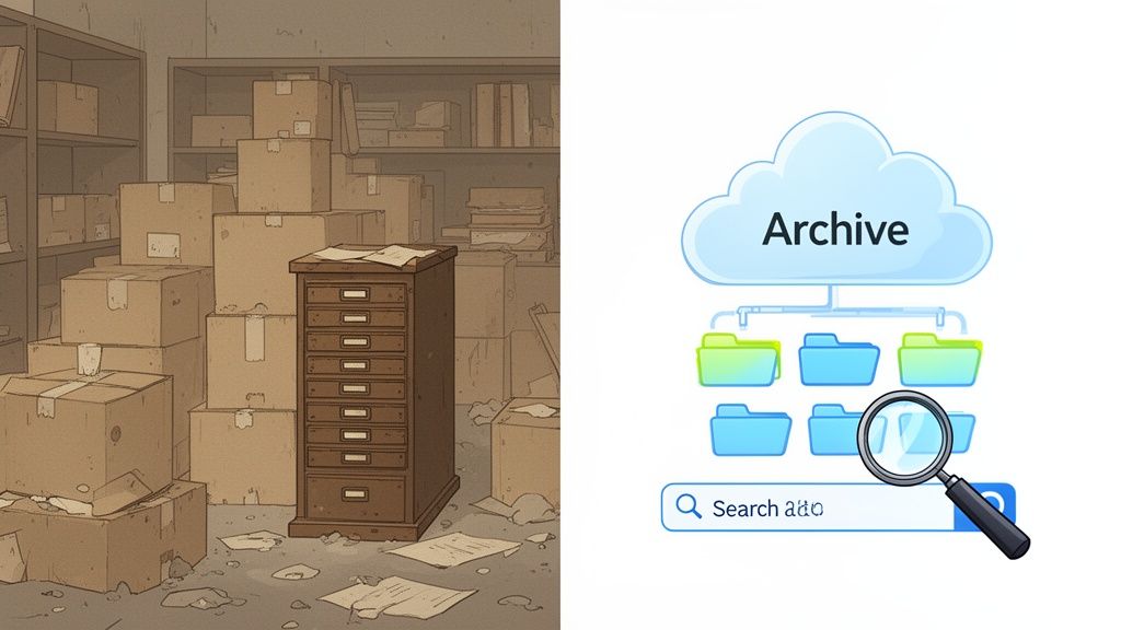 Illustration contrasting a traditional, messy physical archive room with an organized digital cloud archive.