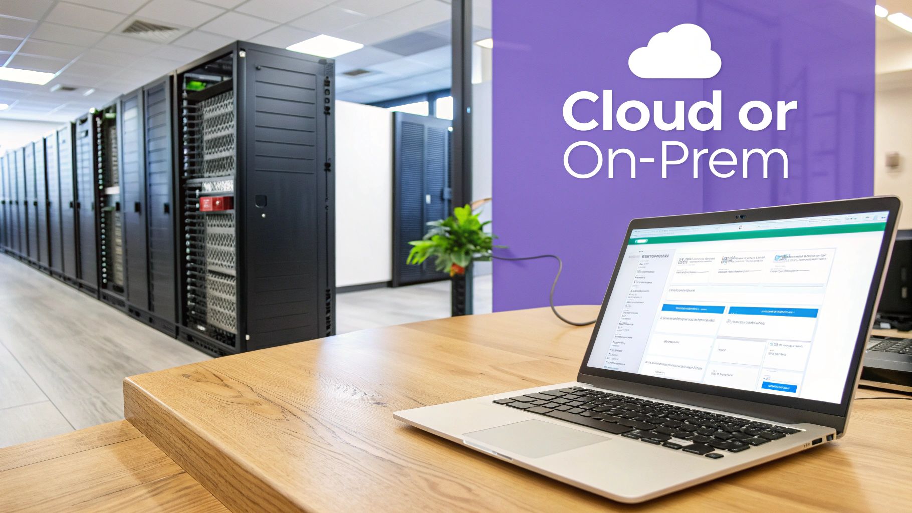 A modern data center with server racks and a laptop on a wooden desk, highlighting cloud versus on-premise solutions.