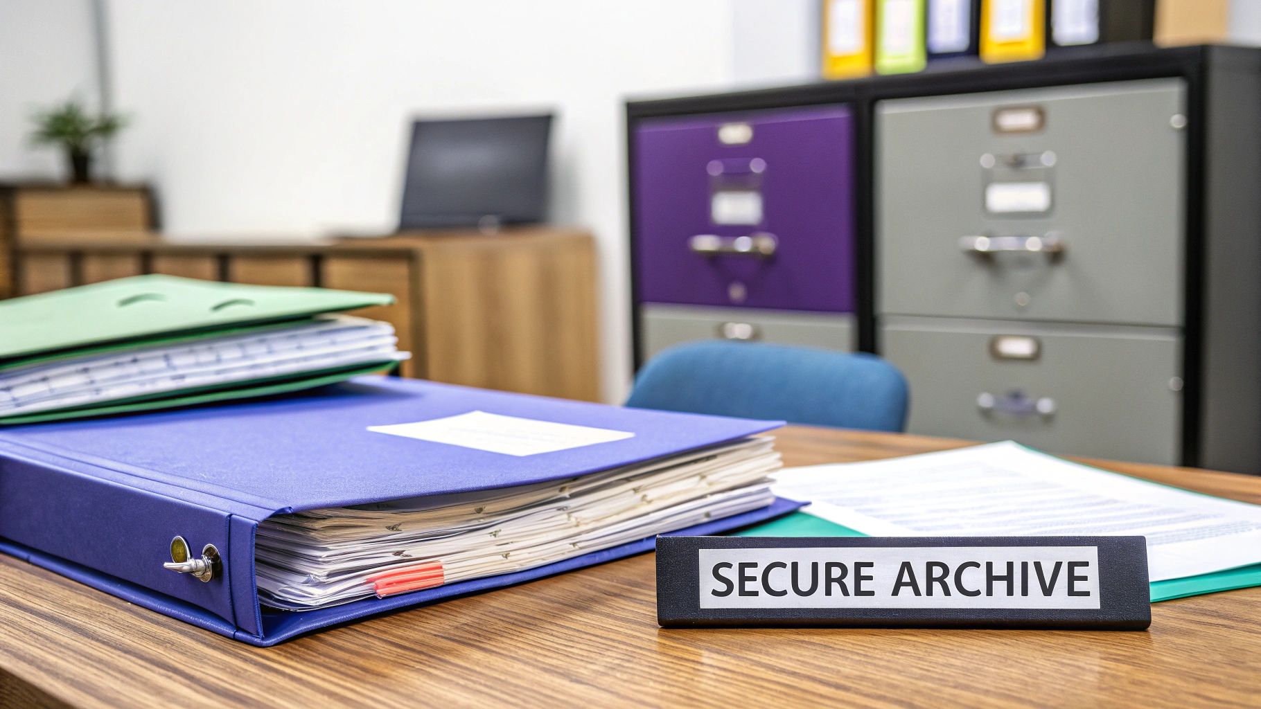 Office desk with binders, folders, and a 'Secure Archive' sign near filing cabinets.