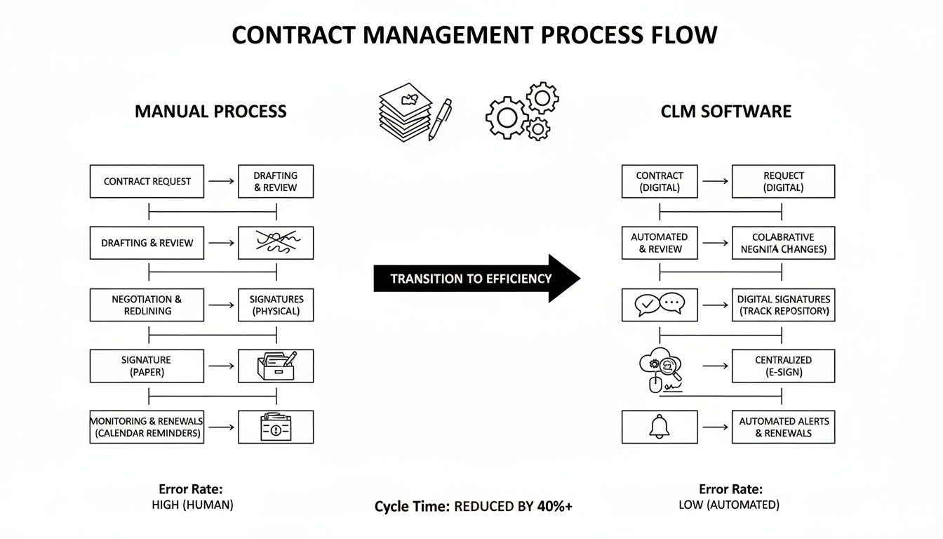 Flowchart comparing manual contract management processes with efficient CLM software, detailing process steps and benefits.
