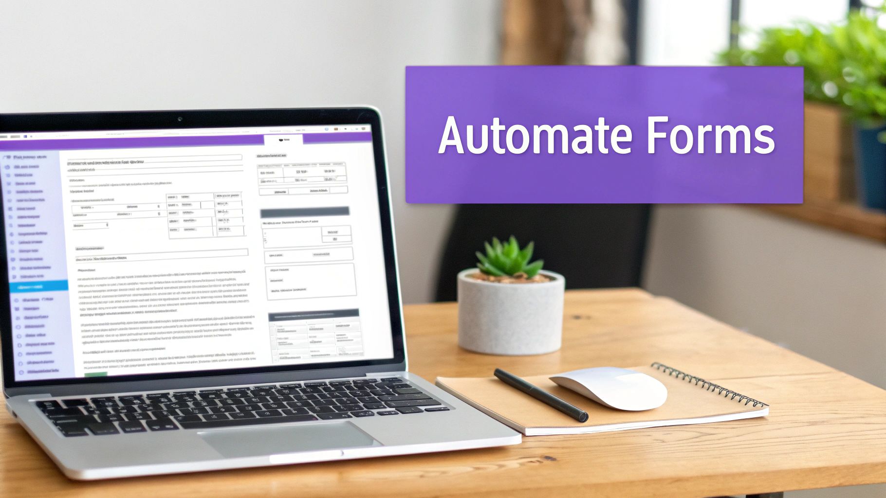 A laptop on a wooden desk displays a form, with a mouse, notebook, and plant nearby. A banner reads 'Automate Forms'.