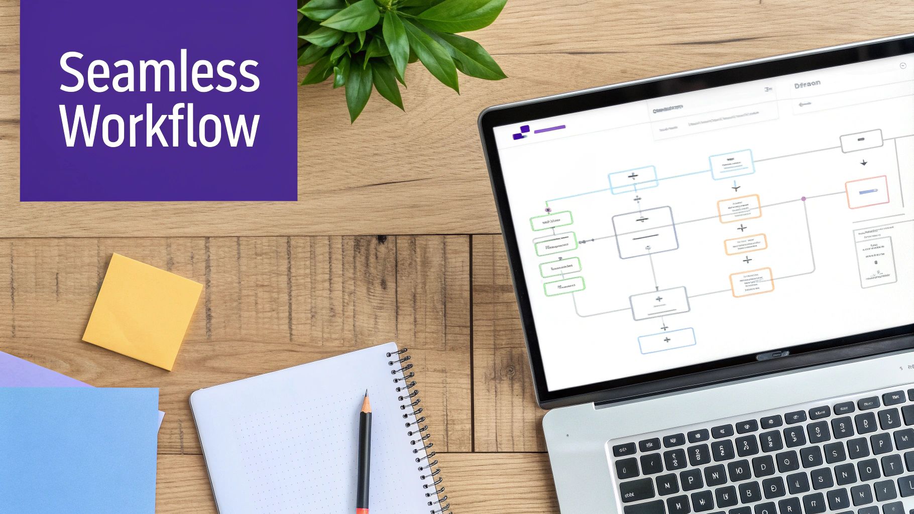 Overhead view of a laptop displaying a workflow diagram on a wooden desk with office supplies.