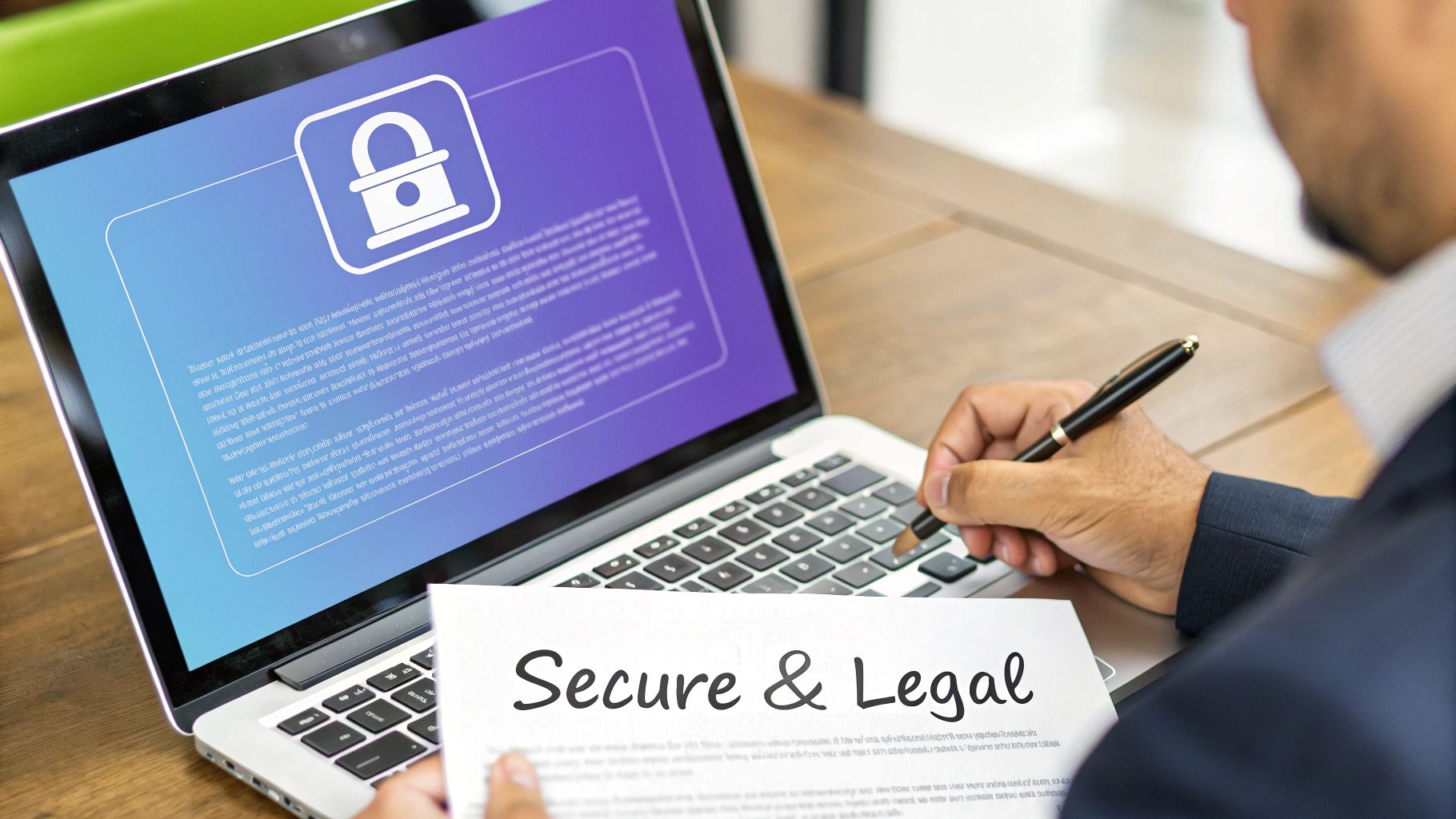 Person reviewing a document titled 'Secure & Legal' while using a laptop with a lock icon.