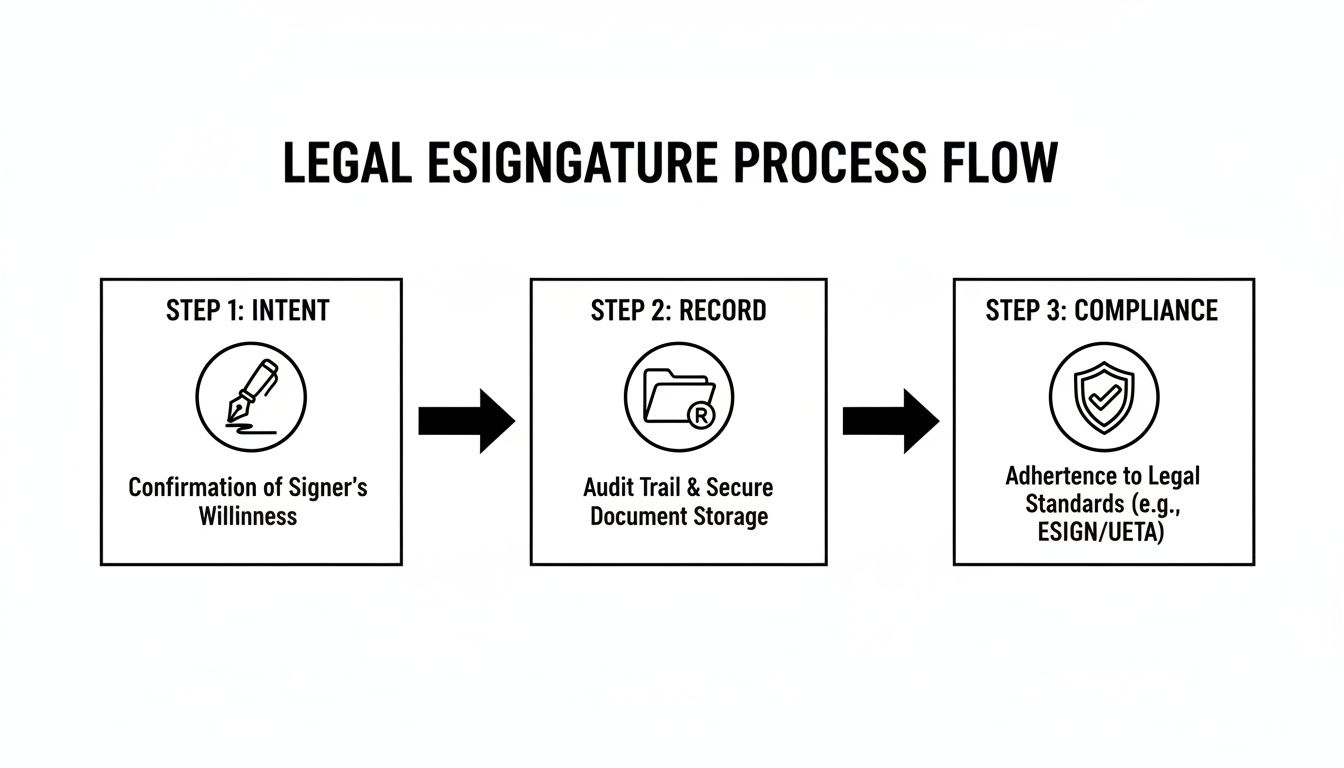 Flowchart illustrating the three steps of a legal e-signature process: intent, record, and compliance.