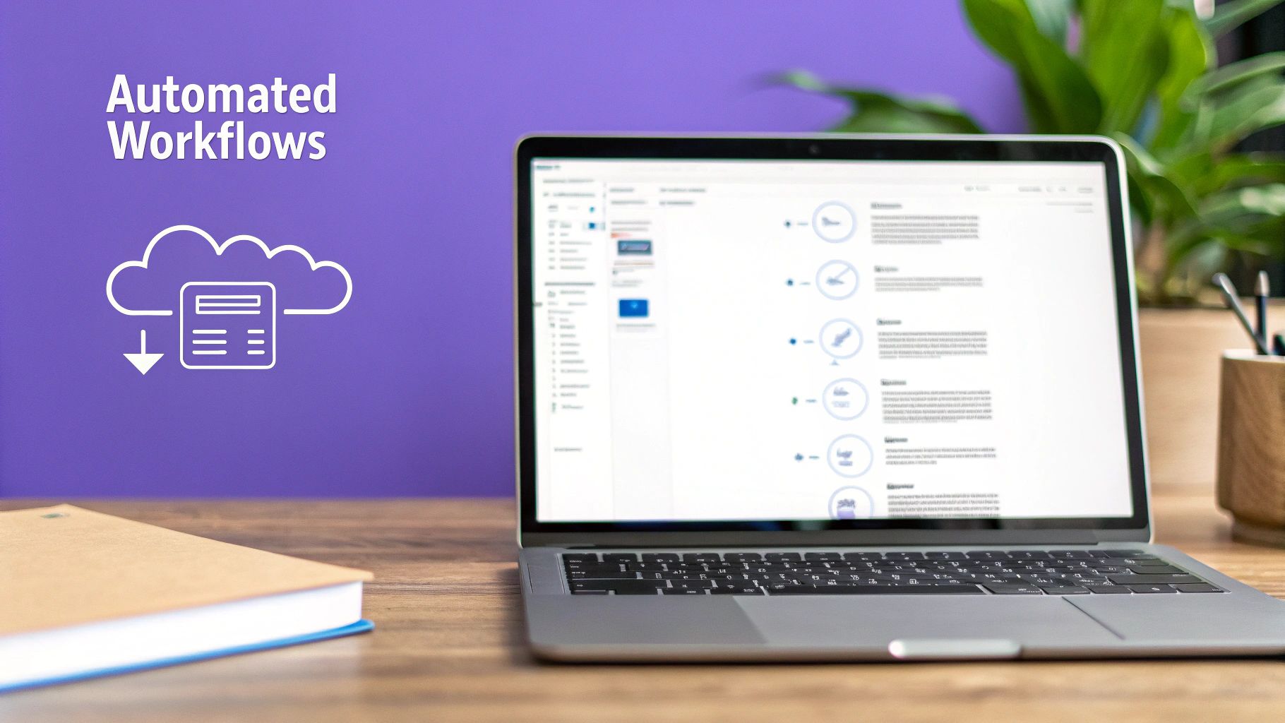 A laptop on a wooden desk displaying workflow software against a purple background with a cloud icon.