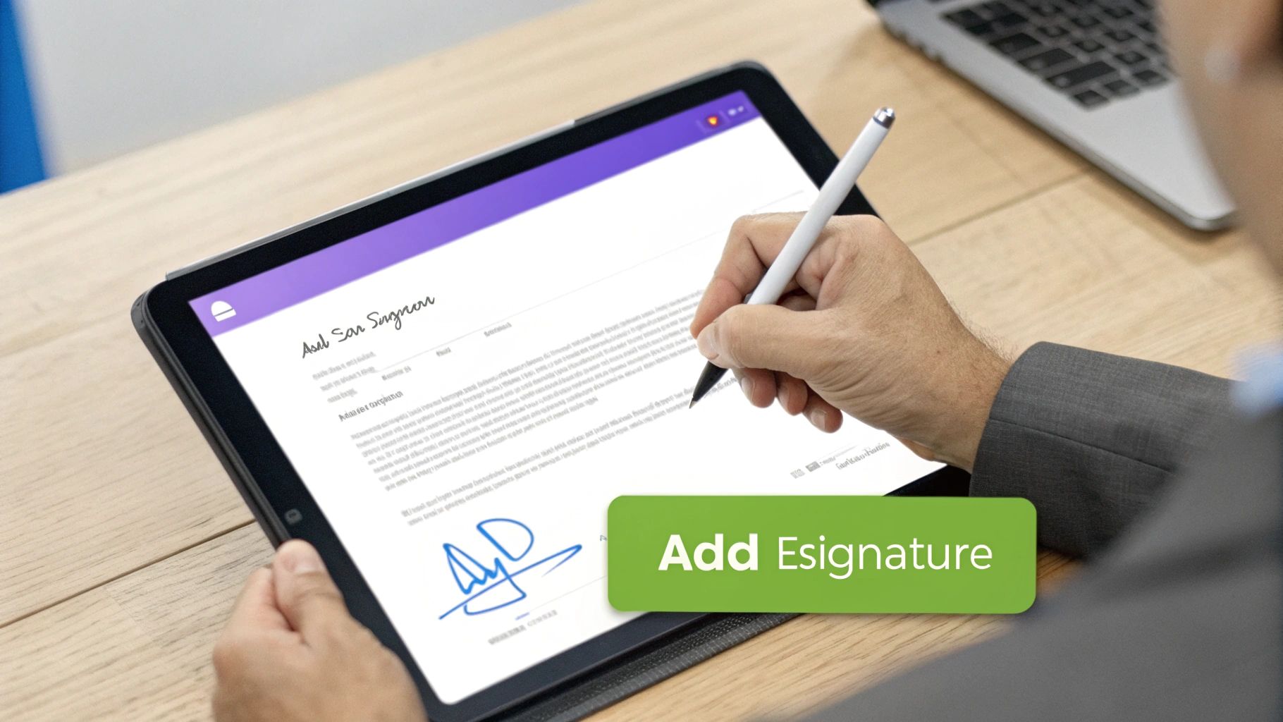 A person uses a stylus to digitally sign a document on a tablet with an e-signature.