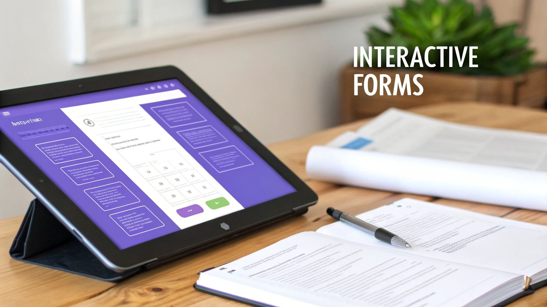 Tablet displaying interactive forms and data fields, alongside a notebook and pen on a wooden table.