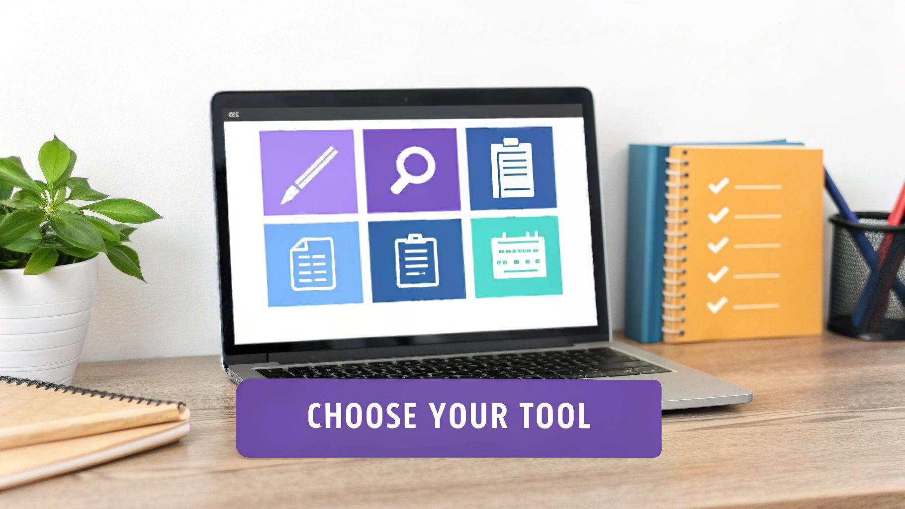 A laptop displays digital tool icons and a 'CHOOSE YOUR TOOL' banner on a desk with office supplies.