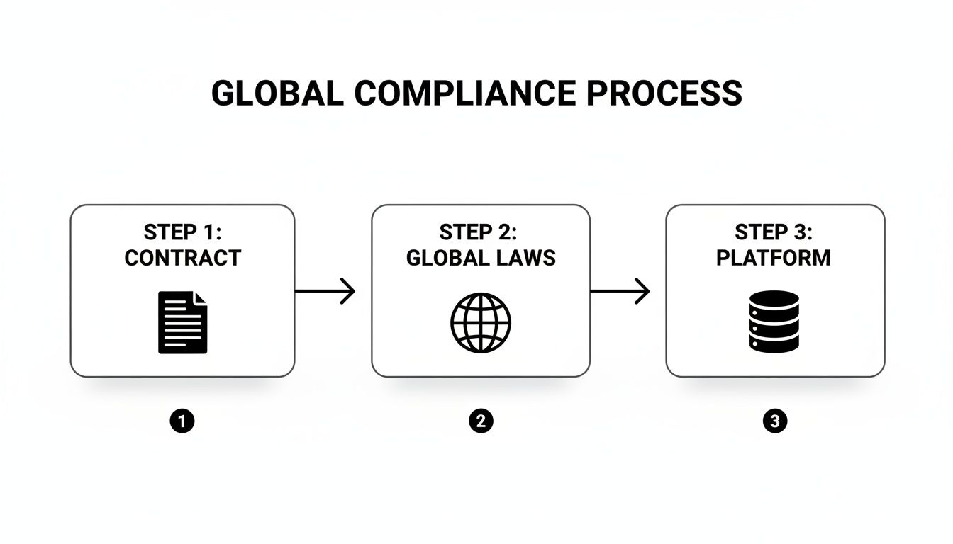 A flowchart illustrating the three steps of a global compliance process: contract, global laws, platform.