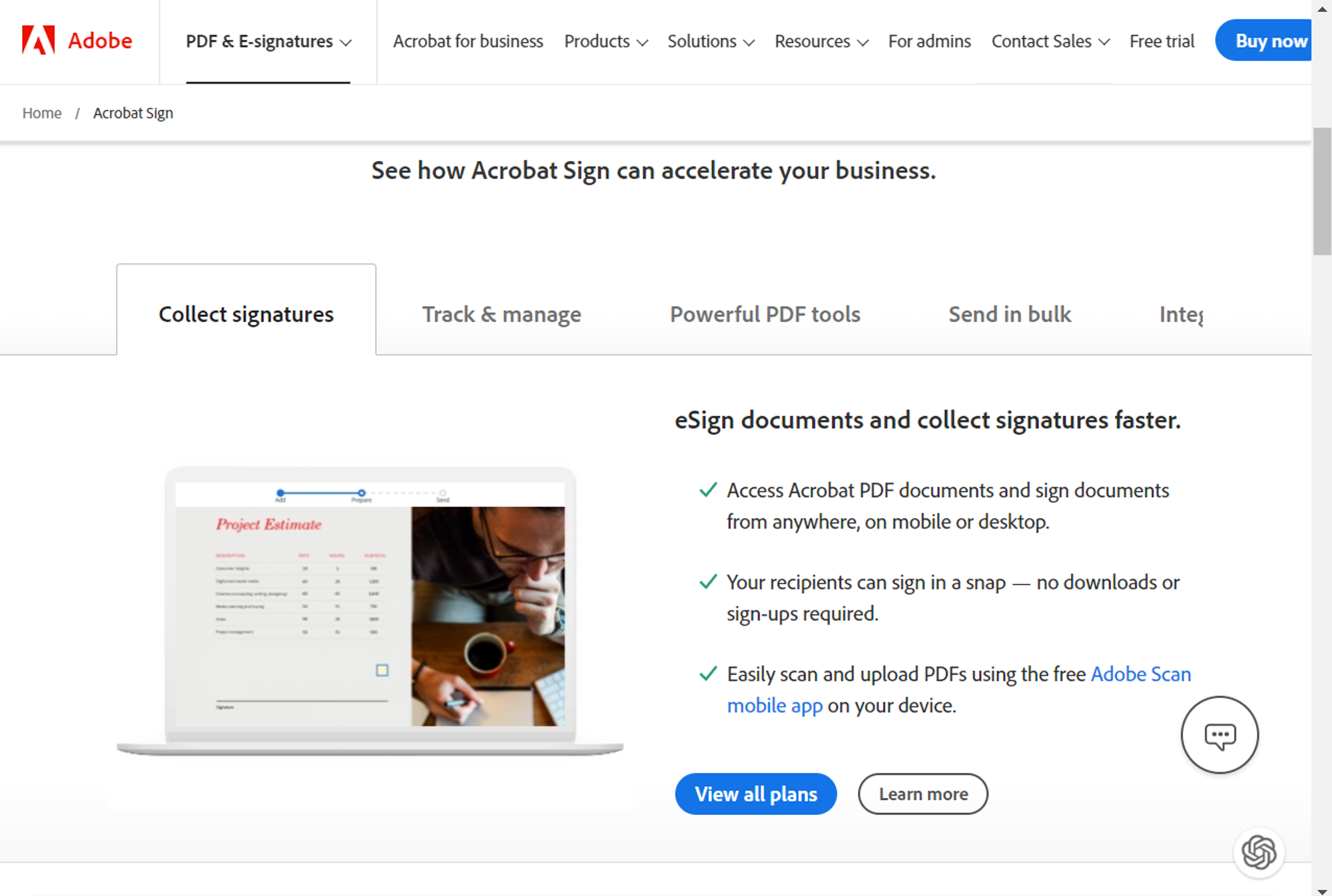 Adobe Acrobat Sign page highlighting tools for e-signing and document management.