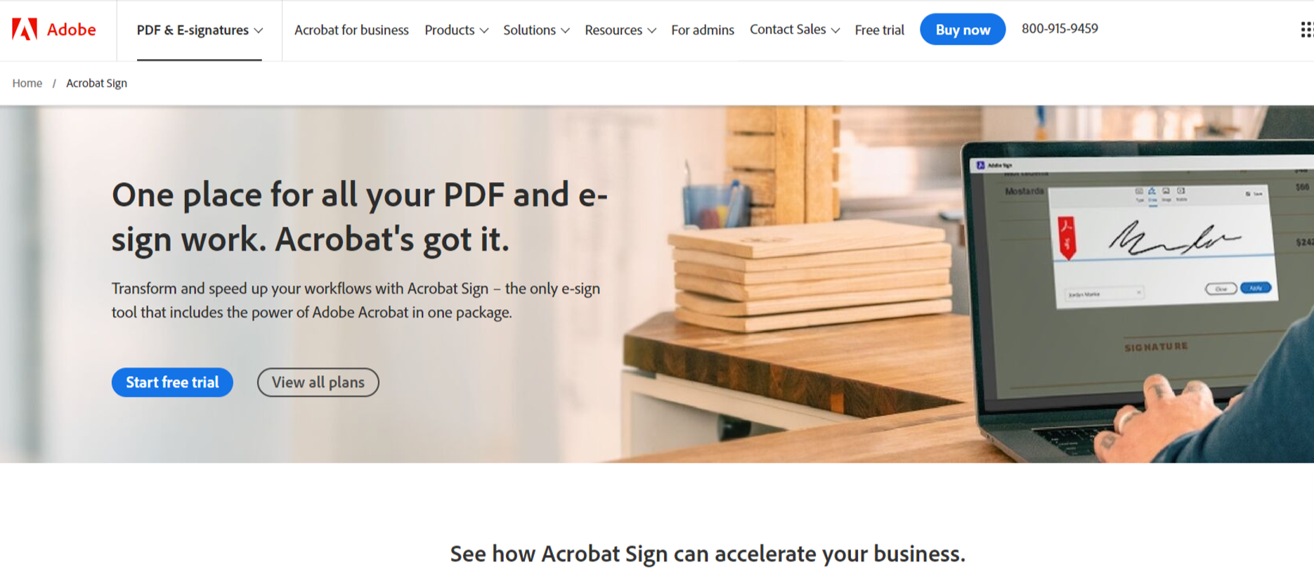 Adobe Acrobat Sign page promoting PDF and e-sign solutions with a laptop image.
