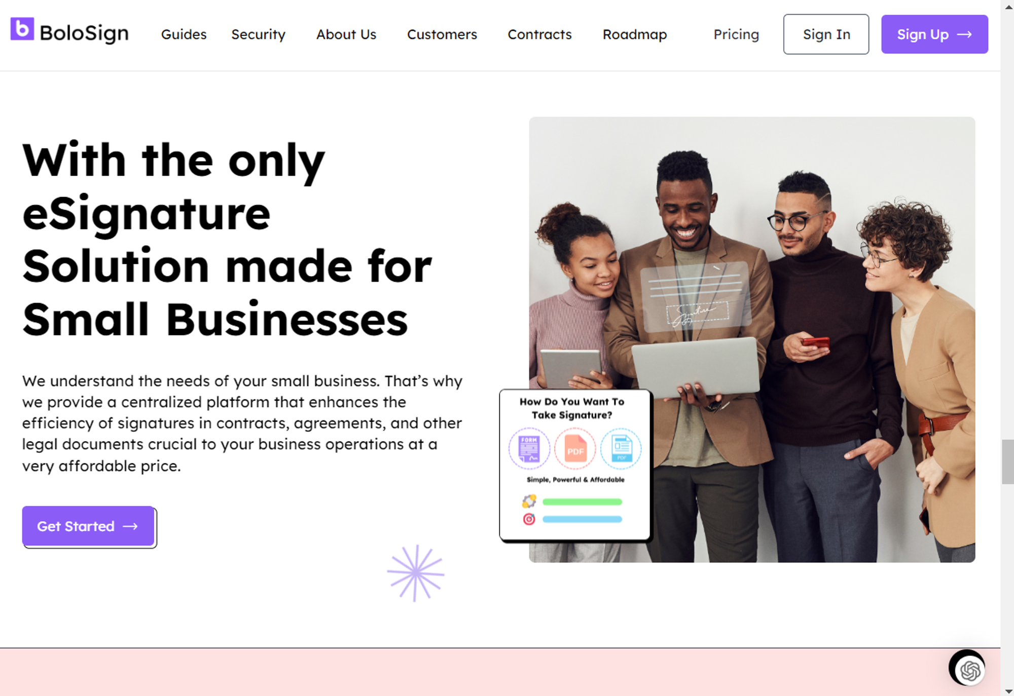 BoloSign website highlighting its eSignature solution for small businesses with a diverse group of people using a laptop.
