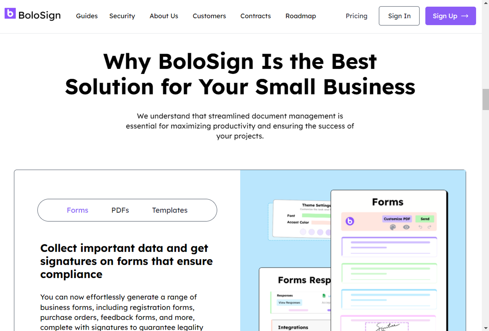 BoloSign homepage explaining benefits for small businesses with sections on forms, PDFs, and templates.