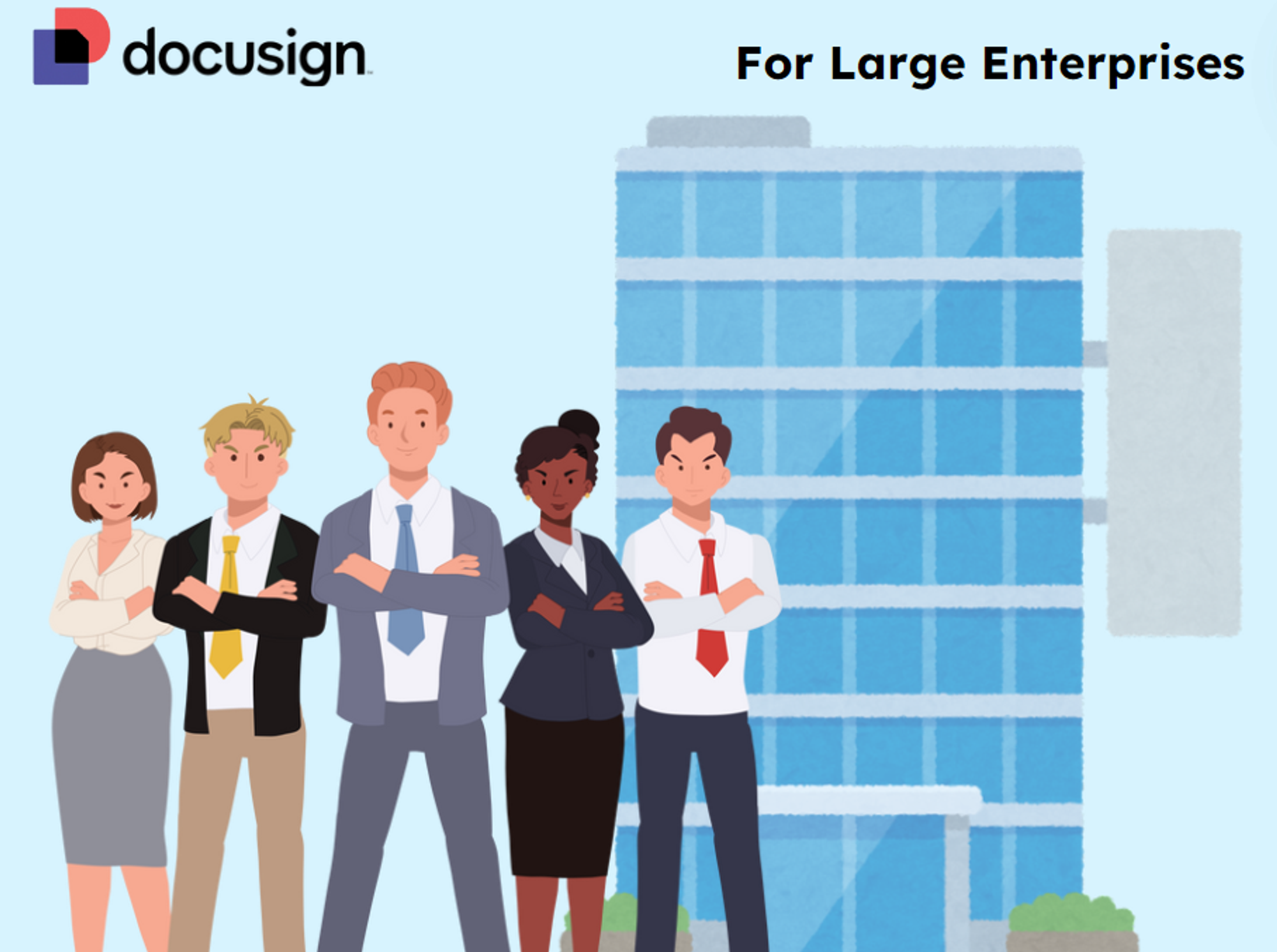 Illustration of a professional team in front of a large office building with the DocuSign logo, targeting large enterprises.