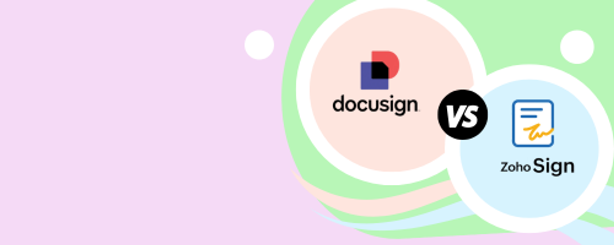 DocuSign vs Zoho Sign comparison graphic with logos on a pastel background.