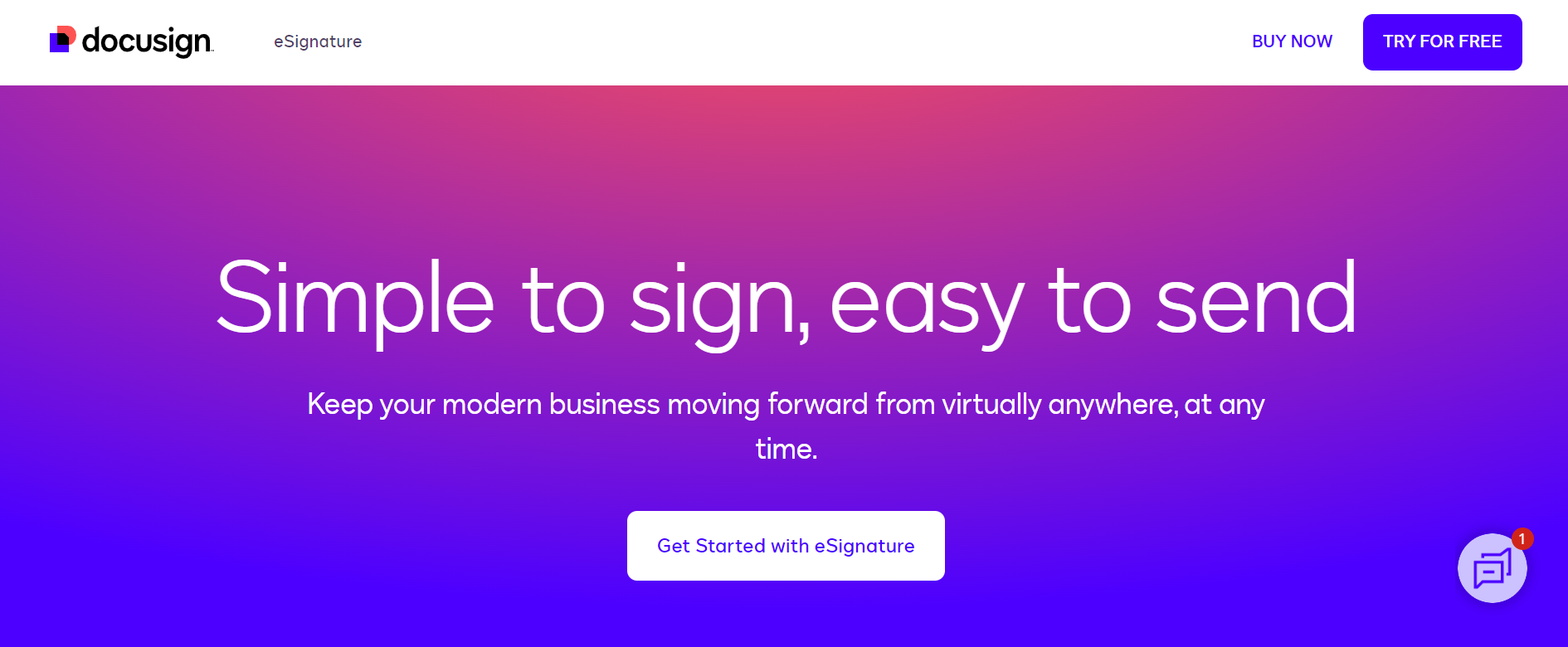 DocuSign homepage promoting contract management with a 'Get Started' option.