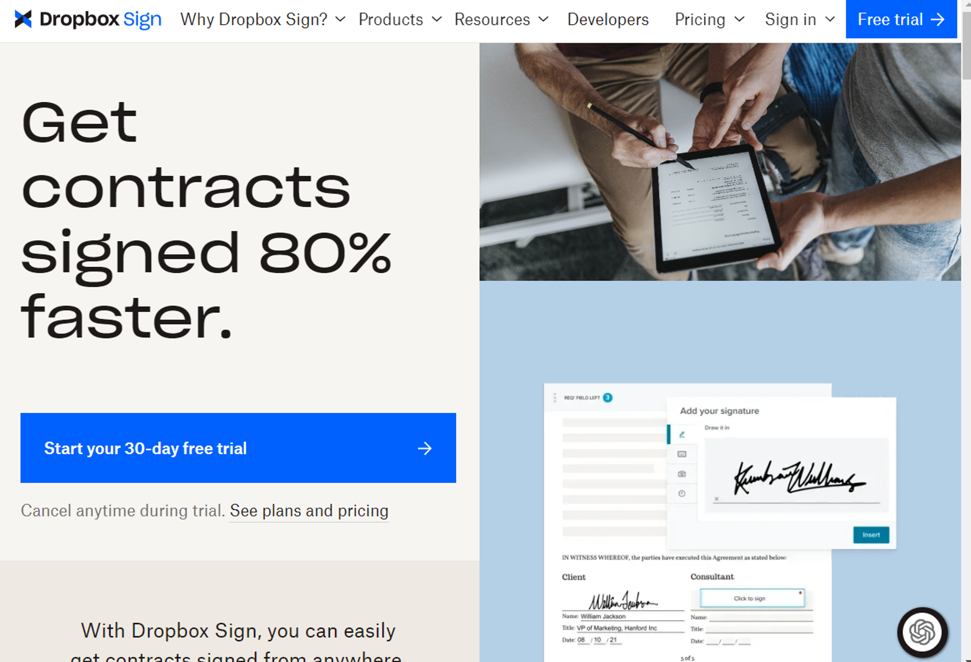 Dropbox Sign website showing a tablet with a digital signature and the text 'Get contracts signed 80% faster.