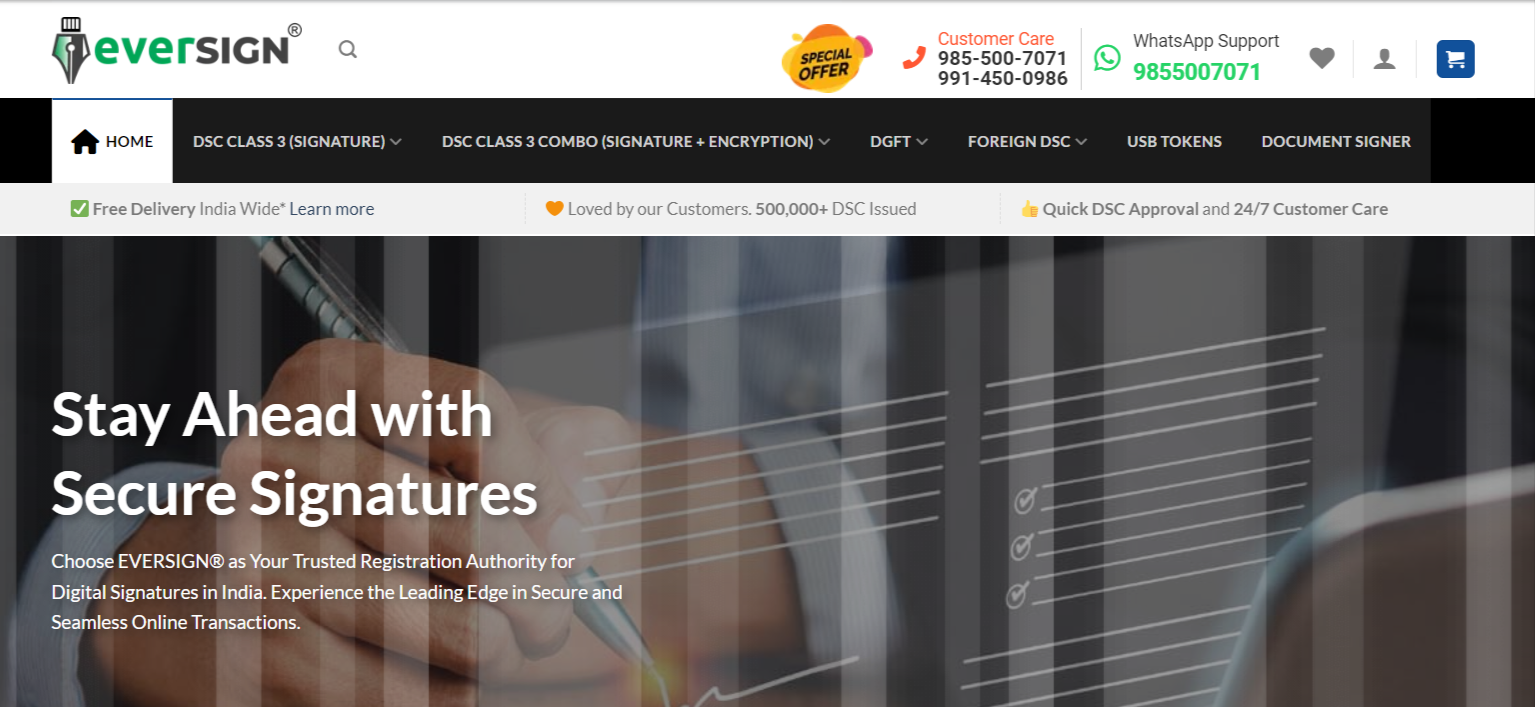 Eversign homepage featuring secure digital signature solutions with special offers and customer support details.