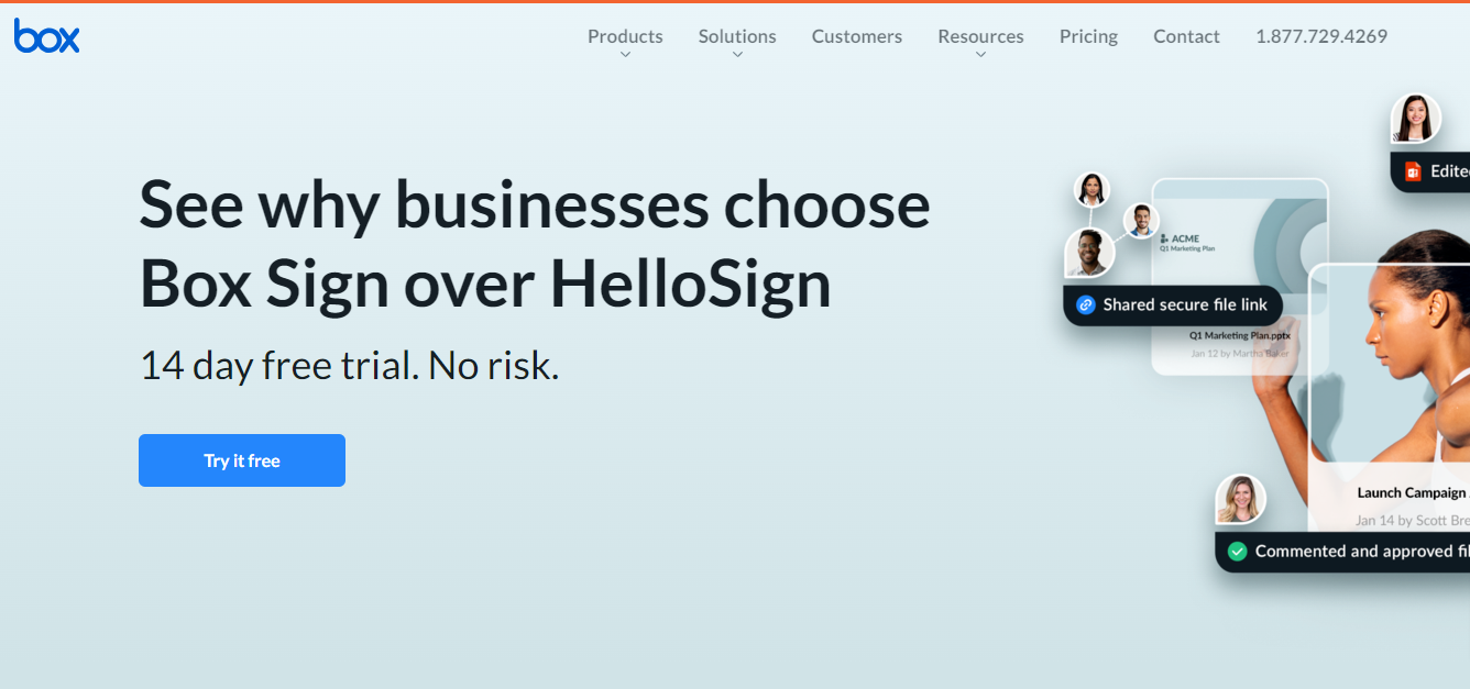 Box Sign webpage promoting a free trial and benefits over HelloSign.