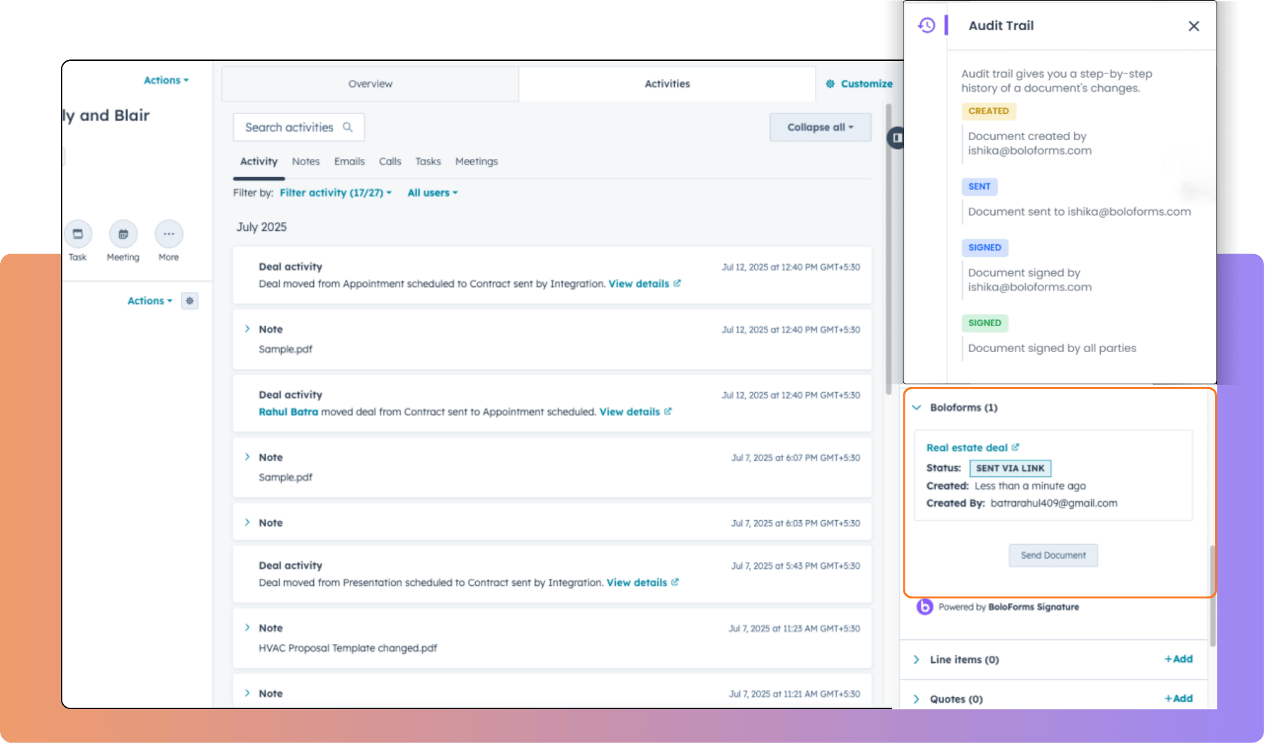 Status tracking inside HubSpot