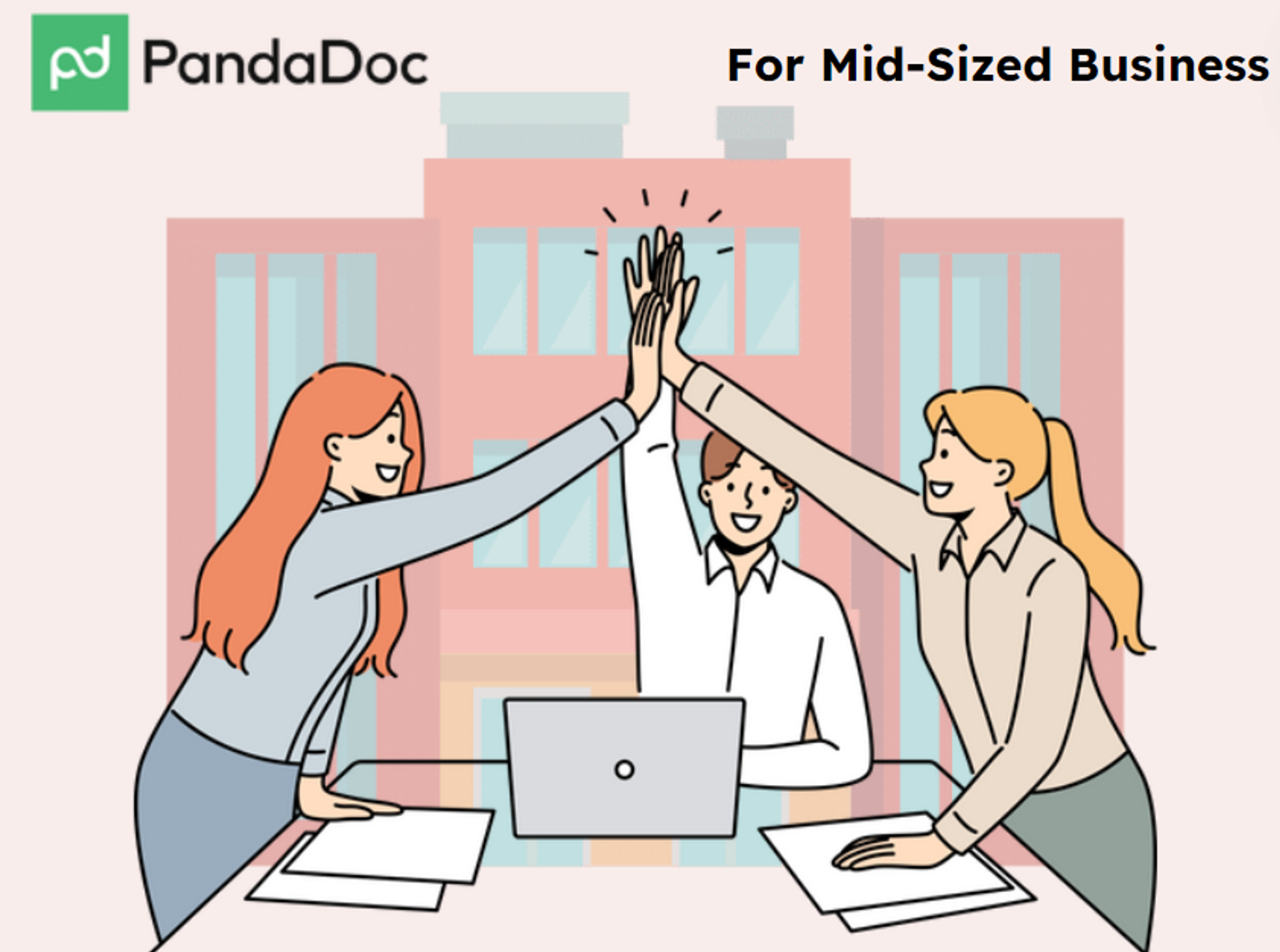 Illustration of a team high-fiving with the PandaDoc logo, promoting solutions for mid-sized businesses.