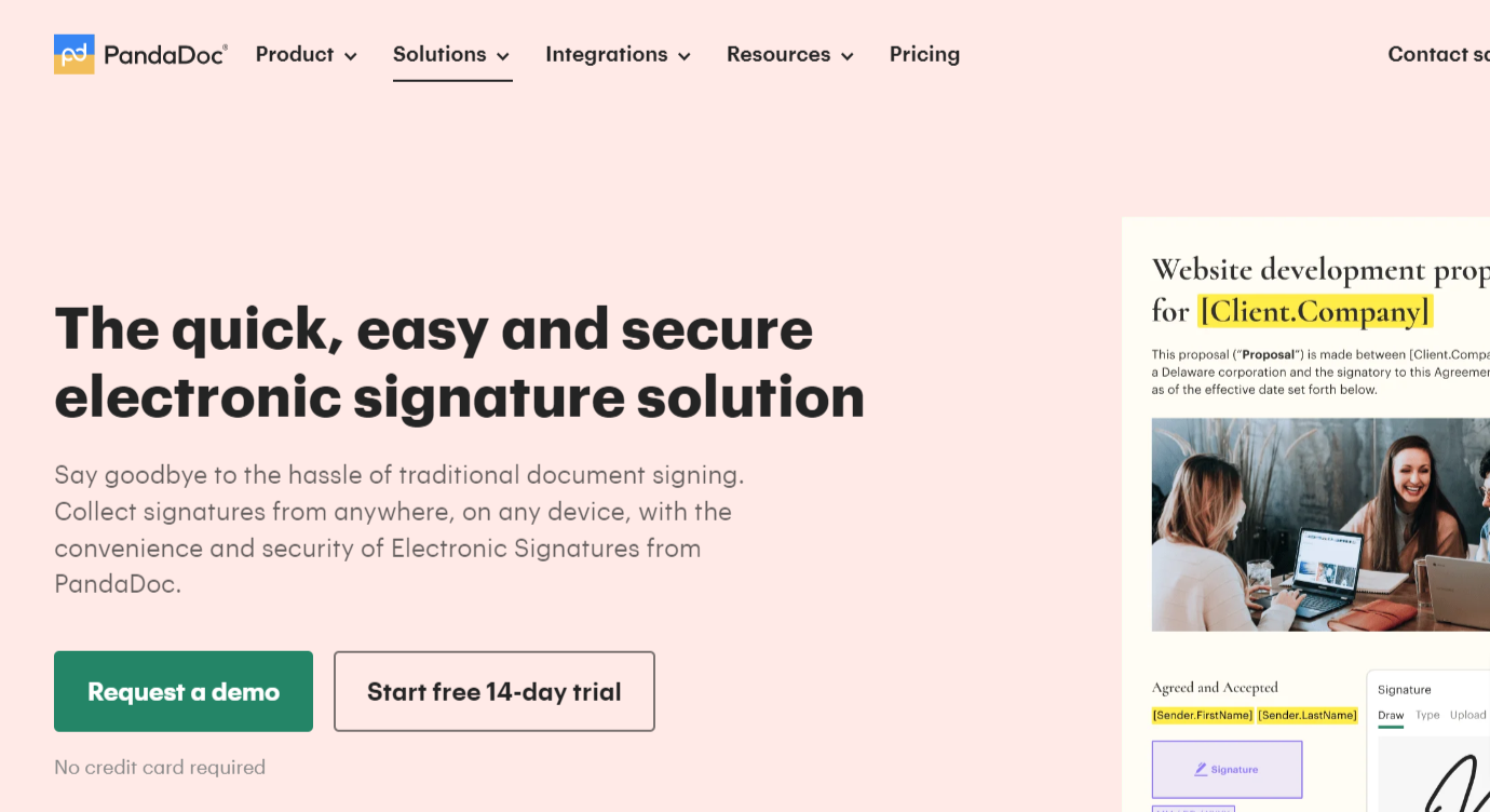 PandaDoc homepage promoting proposal creation and eSigning with a free trial offer.