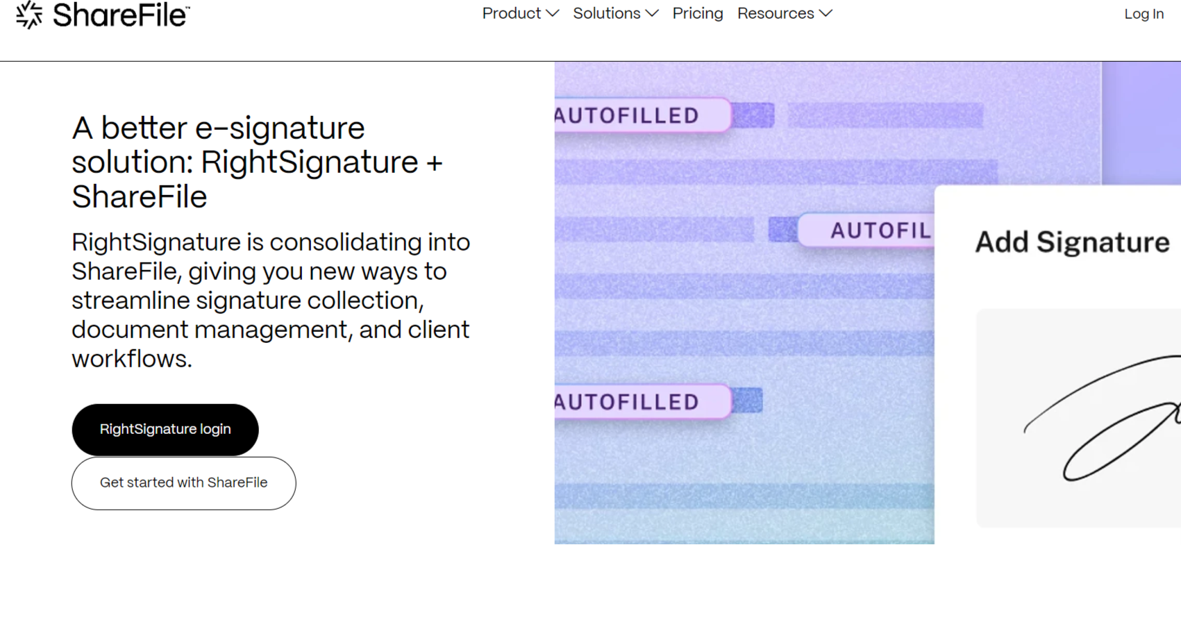 ShareFile page announcing integration with RightSignature for enhanced document and workflow management.