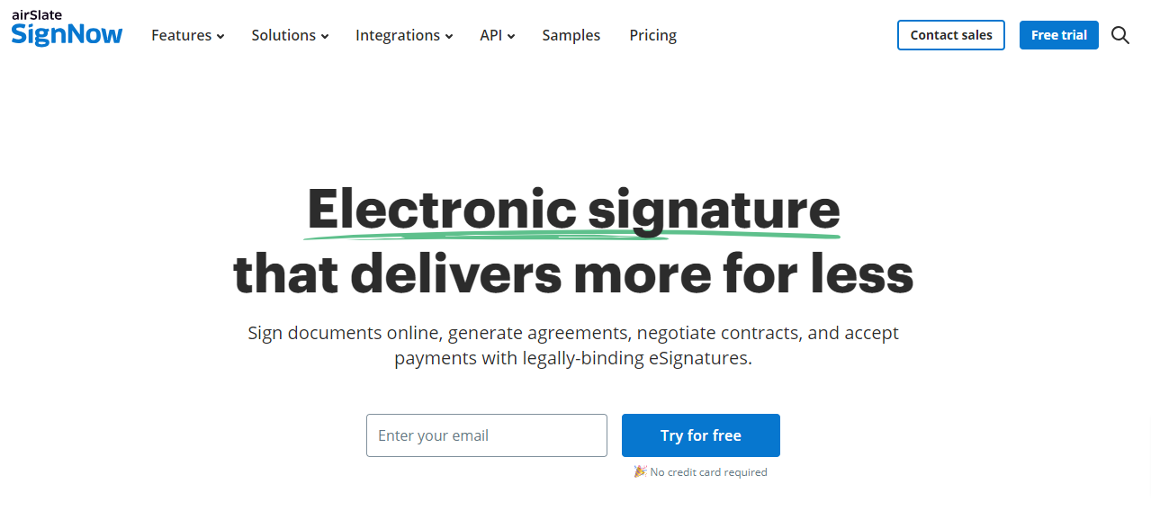 SignNow homepage highlighting electronic signature services with a free trial offer.