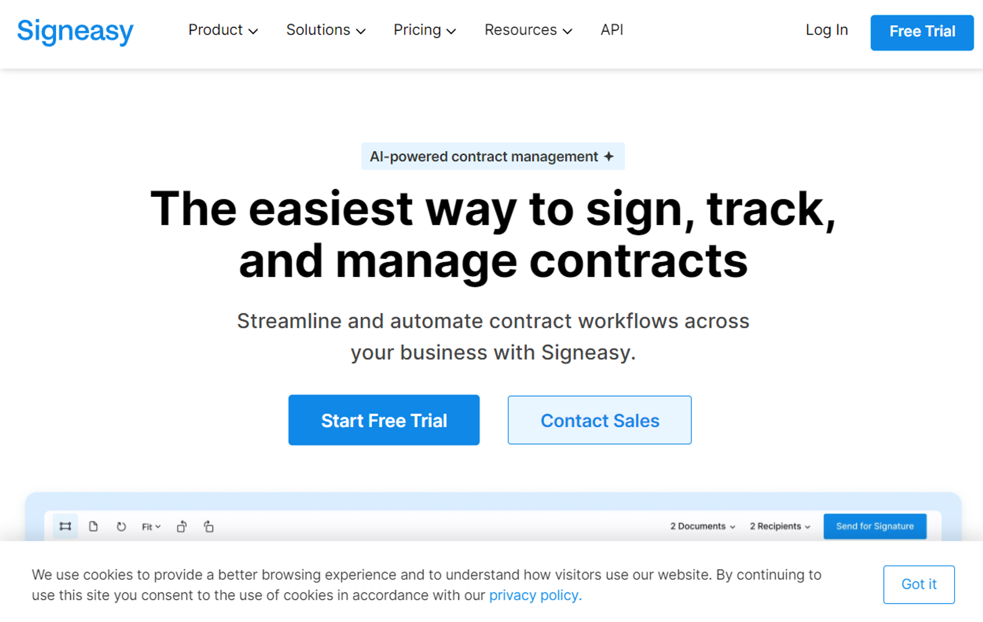 Signeasy homepage promoting AI-powered contract management with a 'Start Free Trial' button.